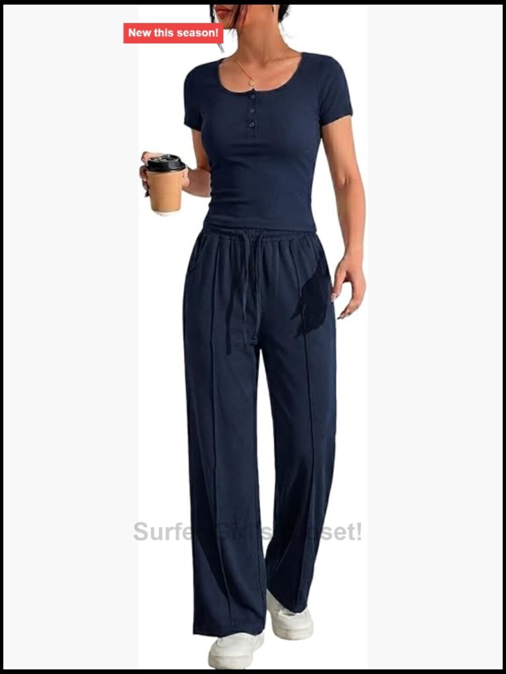 2 Piece Set Square Neck Henley Top and Wide Leg Pants Lounge Outfit with Pockets